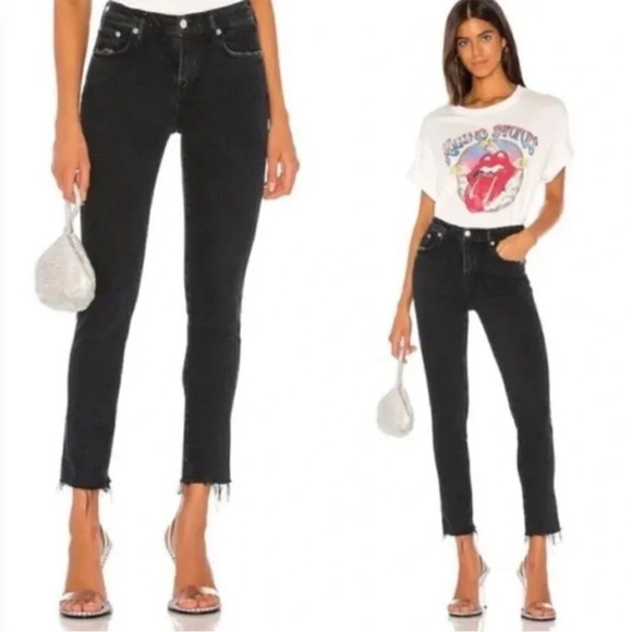 Agolde Toni Mid Rise Straight Jeans black distressed denim raw hem size 24 - Picture 1 of 11